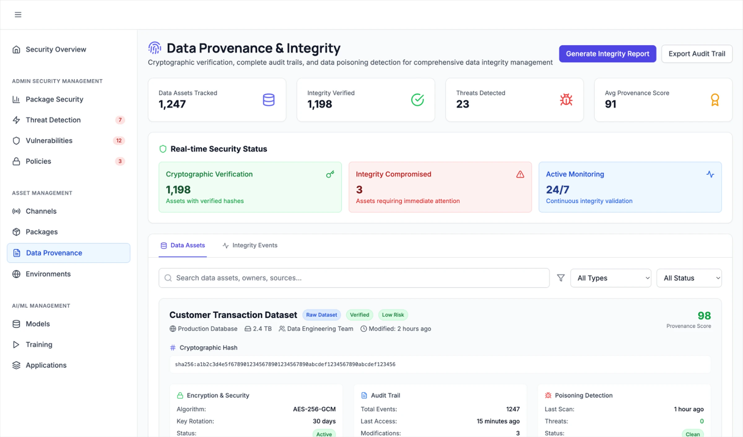 Data Provenance and Integrity page of the prototype