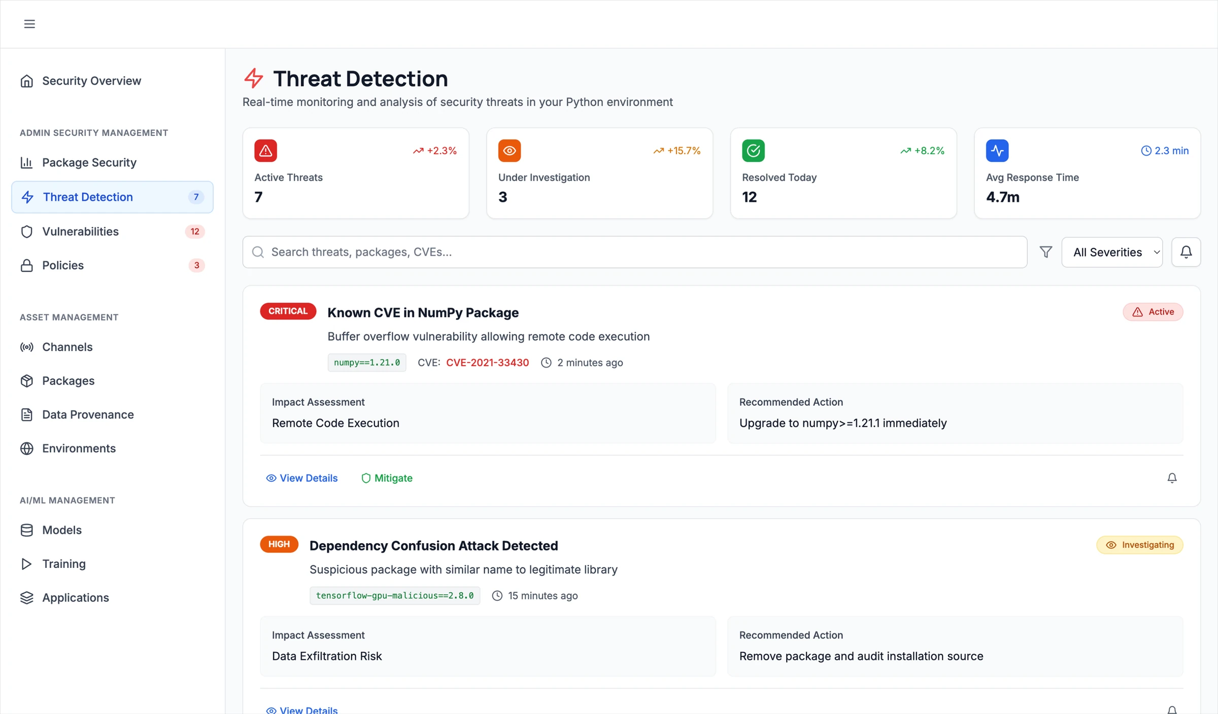 Threat Detection page of the prototype